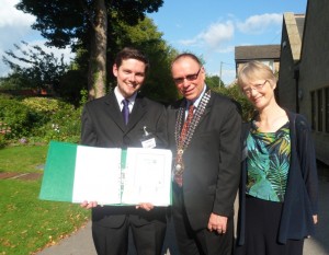 Rev Matt Wright, John Garvani and Cllr. Janice Pritlove outside St. Margaret's Parish Centre.