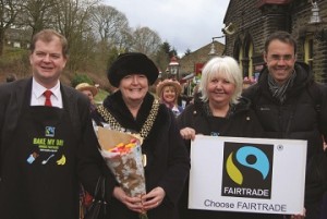 Chair of the KWVR (Keighley and Worth Valley railway) Matthew Stroh, The Lord Mayor of Bradford, Joanna Dodds, Rita Verity and Rev Chris Upton from Haworth Fairtrade Group